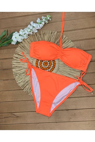 XORVİO Γυναικείο Lycra Stretchy Halter Strapless Κομψό Ποιοτικό Πορτοκαλί Σετ μπικίνι με κορδόνι