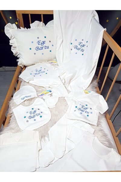 bebek_iklimi İsimli Hastane Çıkış Seti ve Nakışlı Müslin Takı Yastığı – 10 Parça + Kırlent