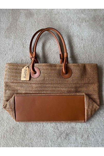 raru Leather Handle Straw Daily Bag Brown