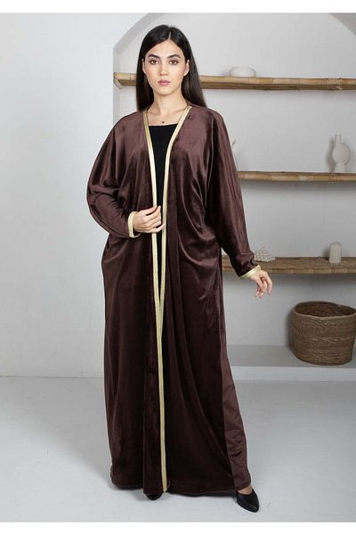 Msquare Fashion Brown Velvet Abaya with Golden Lace Borders & Matching Headscarf – Perfect for Winter