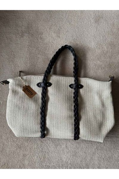 raru Wicker Travel Bag with Knitted Leather Handle Ecru