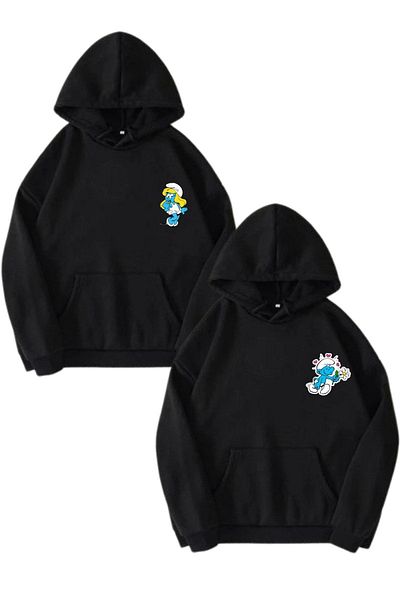 Boi Smurfs Lover Couple Combination - Μαύρη στάμπα Oversize φούτερ με κουκούλα