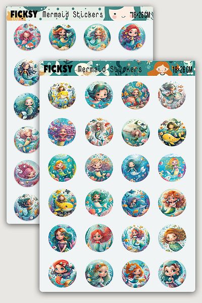 Ficksy Cute Mermaid Sticker Set - 48 Pieces Round Sea Creatures Fish Sticker Stickers