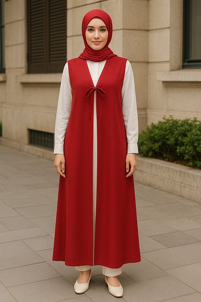 Misue Handmade Medina Silk Tie Detail Hijab Vest, Multifunctional Use Pareo Beach Wear, Long Vest