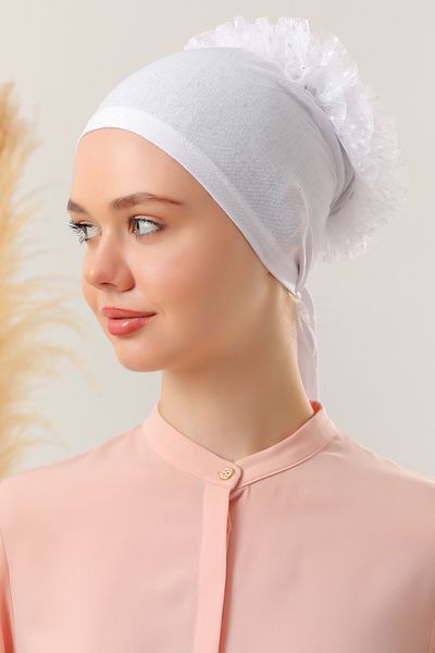 Melodi Scarf Women's Hijab Front Seamless Ruffled Combed Cotton Bonnet White