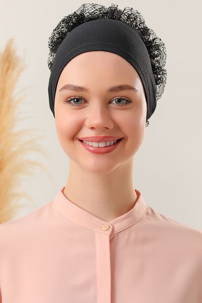 Melodi Scarf Women's Hijab Front Seamless Ruffled Combed Cotton Bonnet Black