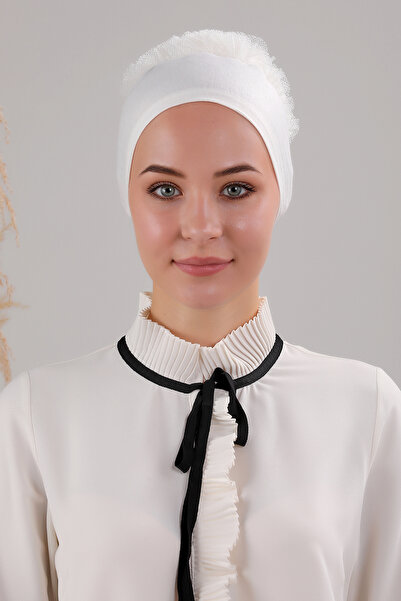 Melodi Scarf Women's Hijab Front Seamless Ruffled Combed Cotton Bonnet Ecru