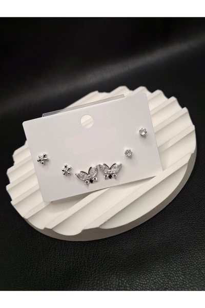 Han Ticarethane Silver Color Stone 6 Piece Butterfly Set Earrings