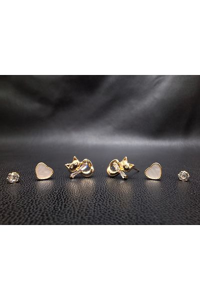 Han Ticarethane Gold Color 6-Piece Cat Model Set Earrings