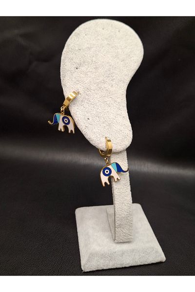 Han Ticarethane Gold Color Evil Eye Bead Tile Elephant Model Steel Earrings