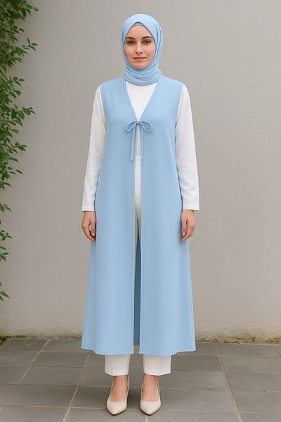Misue Handmade Medina Silk Tie Detail Hijab Vest, Multifunctional Use Pareo Beach Wear, Long Vest
