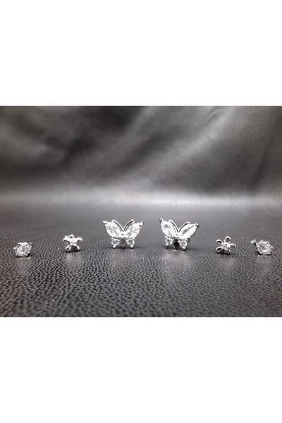Han Ticarethane Silver Color Stone 6 Piece Butterfly Set Earrings