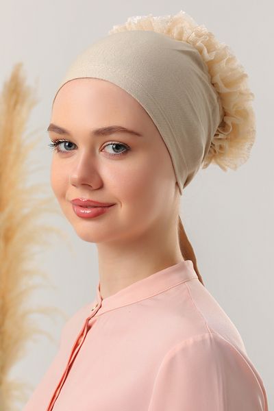 Melodi Scarf Γυναικείο Hijab Μπροστινό Χωρίς Ραφή Βολάν Βολάν Μπεζ