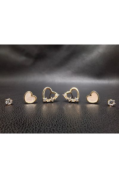 Han Ticarethane Gold Color Stone 6-Piece Heart Model Set Earrings