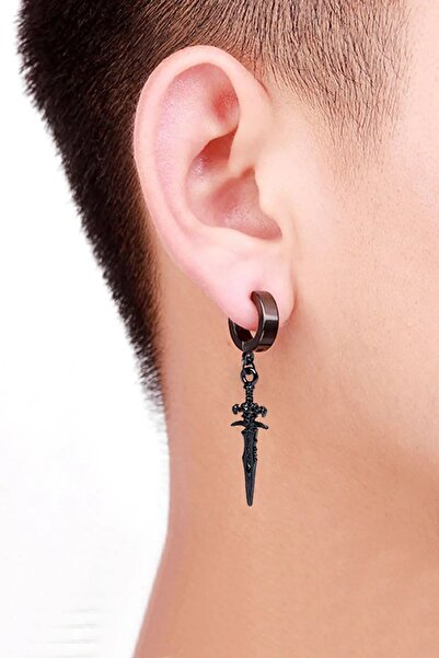 Lynare Sıkıştırmalı Trend Kılıç Model Sallantılı Erkek Çelik Siyah Küpe 1 Adet