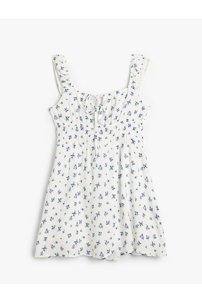 Koton Nou sezon, fără mâneci, guler cu șireturi, linie A, mini rochie din viscoză, cu flori Gipeli