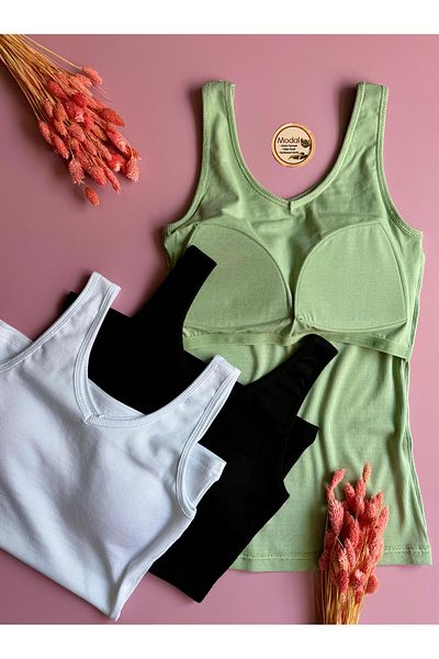 VicTroy Chic Drape |   3-Piece Pad Thick Strap Camisole Black, White and Green, Modal Undershirt 66V53 (New Season)