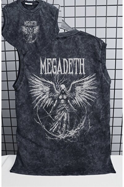 Fuddy Moda Angel Megadeth Sırt Baskılı Yıkamalı Kolsuz Tişört, Unisex Rock Band Temalı Sıfır Kollu Retro Atlet