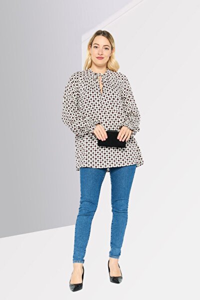 Michael Kors Women V Neck Long Sleeves Allover Print Top, Maroon/White