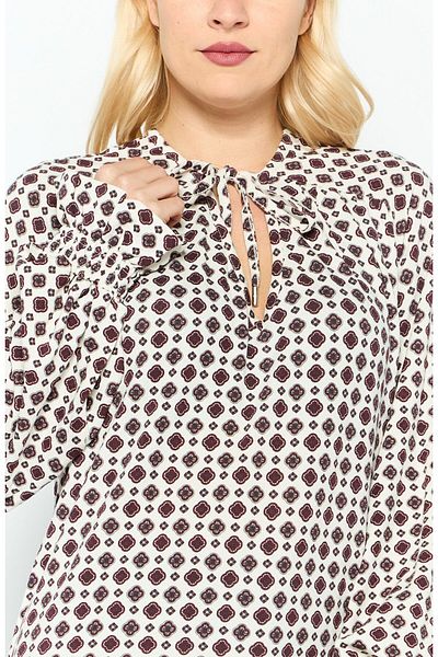 Michael Kors Women V Neck Long Sleeves Allover Print Top, Maroon/White