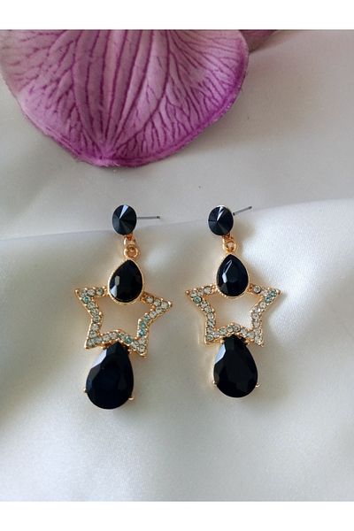 Pervin Ablacım Black Stone Handmade Earrings with White Star Stones