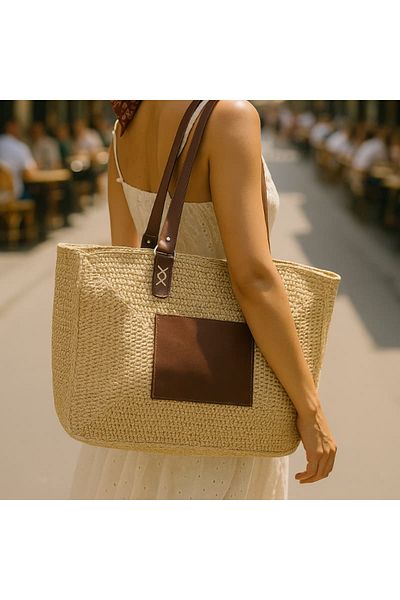 NVSisters Large Summer Straw Genuine Leather Detailed Summer Women's Shoulder Bag, Beach Bag,