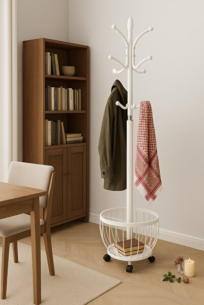 Un Modern white clothes rack with bottom storage basket and wheels, length 172 cm