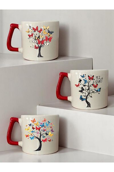 lili hediyelik Butterfly Tree Printed 3-Piece Red Handled Coffee Cup Mug
