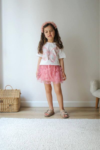 jeliboomkidswear Tulle Skirt T-Shirt Butterfly Patterned Holiday/Summer Girl's Set