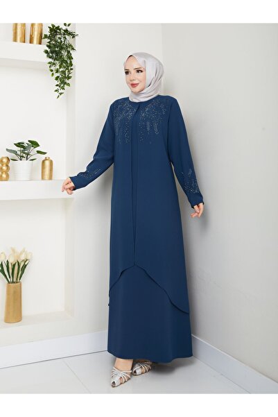 Efelif Blue Stone Embroidered Large Size Stylish Design Women's Abaya & Dress Mf-1832