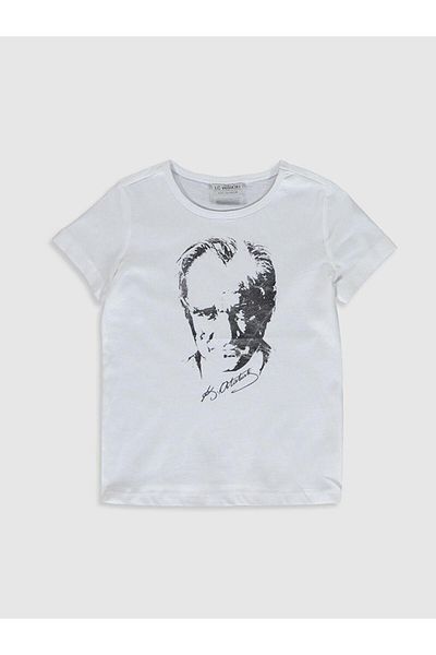 LC Waikiki Tricou pentru fete cu mânecă scurtă cu imprimeu Ataturk cu decolteu rotund (0S)
