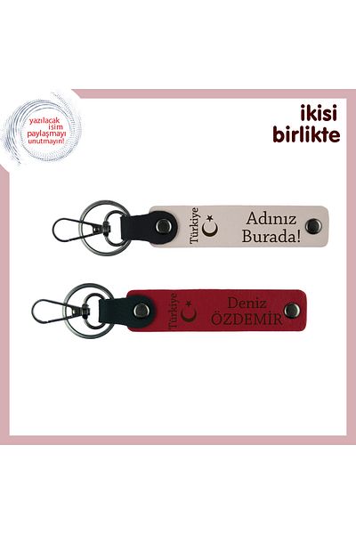 Miaju Personal Armağan – Crescent and Turkey Patterned Name Writable X2 Keychain Gift, Powder-Red