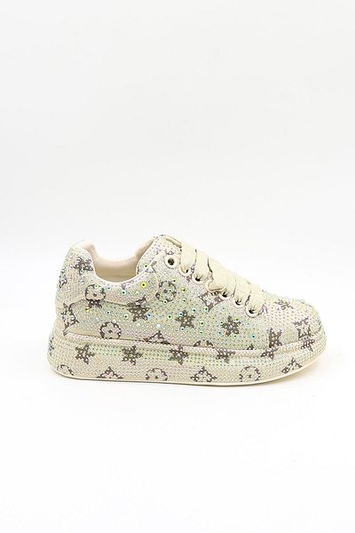 Guja Imported Stone Detailed Lace-Up Sneakers Women's Sports Shoes Gj451 Beige