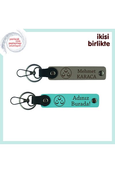 Miaju Armağan with Meaning for University Graduate, Three Crescent Star Name Written Keychain Set, Ash Gray-Turquoise