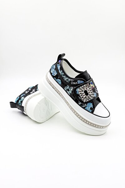 Guja İthak Özel Seri Taban Taş Detaylı Pullu Cırtlı Kadın Spor Ayakkabı GJ423 Siyah