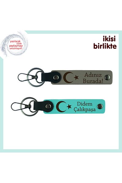 Miaju Armağan with Meaning for University Graduate, Moon Star Name Written Keychain Set, Ash Gray-Turquoise
