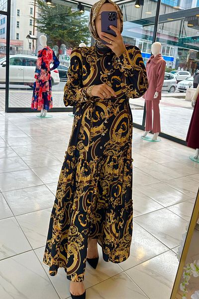 Cashmere Moda Women'S, Patterned, Long Sleeve, Buttoned, Flared, Full Length Long Dress