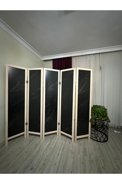 Yc Dekor Ahşap Paravan Ahşap Seperatör 5 Kanatlı Çift Taraflı Mdf Siyah