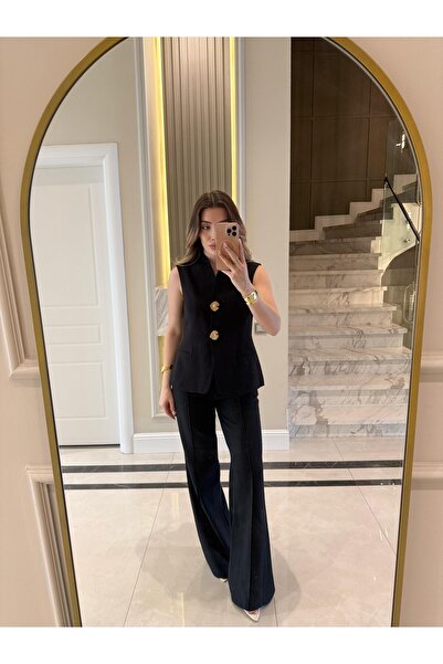 Hotfashion GOLD DÜĞMELİ SIFIR KOLLU YELEK PANTOLON TAKIM