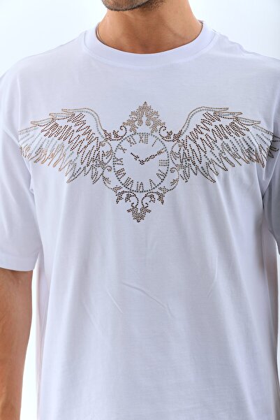 LUMİART Unisex Oversize Jewelled Crew Neck T-Shirt - White