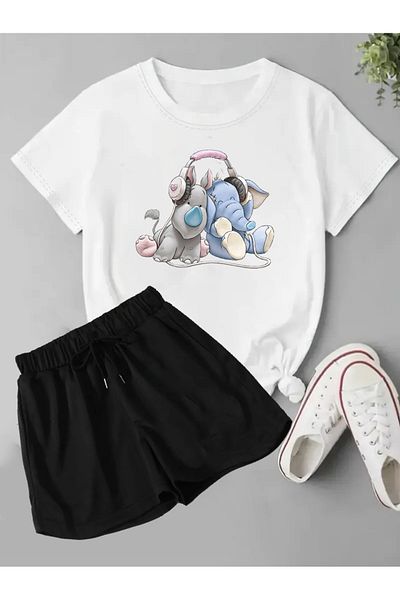 makiteks Комплект от 2 едноцветни дамски стандартни шорти и тениска T-shirt Listen Music