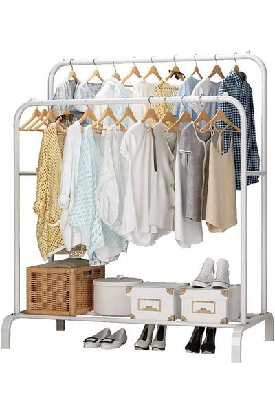 Generic Clothes Rack, Clothing Garment Rack Metal Double Rail Hanging Clothes 2-Tier Storage Shelf For Boxes