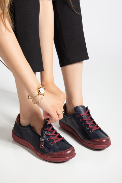 CANİLH Hakiki Deri Yumuşak Tabanlı Kadın Lacivert Bordo Sneaker Günlük Spor Ayakkabı
