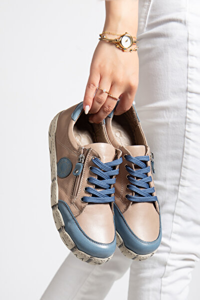 CANİLH Hakiki Deri Yumuşak Tabanlı Kadın Vizon Mavi Sneaker Günlük Spor Ayakkabı