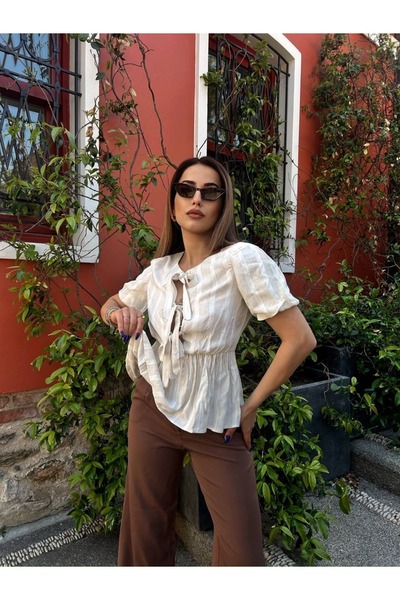 Aura 7 Collection Women's Clothing Short Sleeve Linen Blouse with Lace-Up Fro...