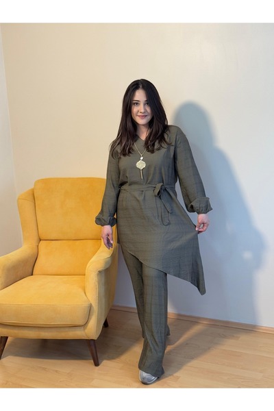Eda Başak Atelier طقم تونيك بنطلون حجاب كتان بأكمام طويلة