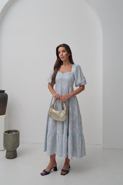 Butik Fashion Shop & Bebe Blue Ornamental Button Balloon Sleeve Dress