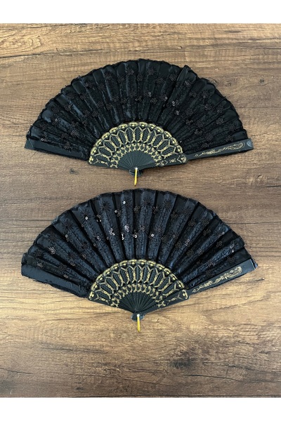 Beyaz Dükkan 1 Adet Kadın Yelpaze Siyah Beyaz Simli Pullu Nedime Gelin Yelpaz...