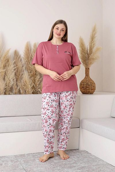 Sude Women's Plus Size Button Collar Combed Cotton Short Sleeve Thin Pajamas Set P134 - 1 Pcs