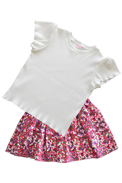 MODA59 Girl's Skirt Suit, Skirt T-Shirt Suit, Floral Skirt Twill Ecru T-Shirt